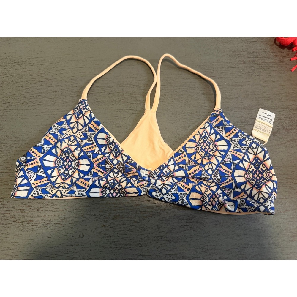 L Space Geometric Tile Print Racerback Bikini Top Blue Peach Medium NWOT